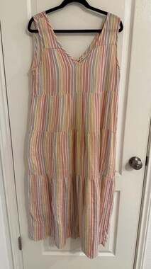 Marine Layer Corinne Maxi Dress Size L Rainbow Stripe Double Gauze Tiered Coasta